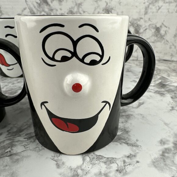 Vintage Funny Face 3D Red Nose Coffee Mug Cup Set of 4 Black White - Picture 5 of 10